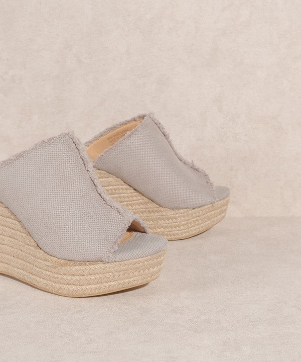 Summer Love Distressed Gray Linen Wedge Heels