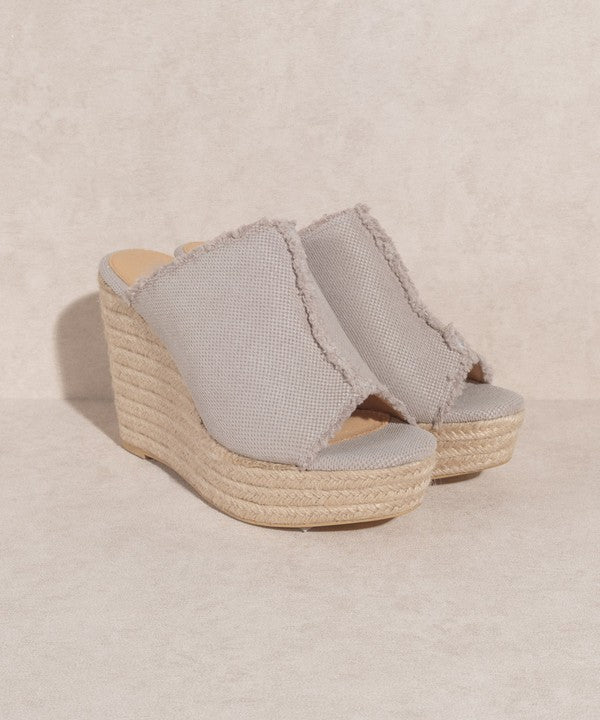 Summer Love Distressed Gray Linen Wedge Heels