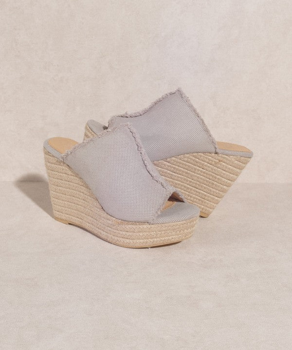 Summer Love Distressed Gray Linen Wedge Heels