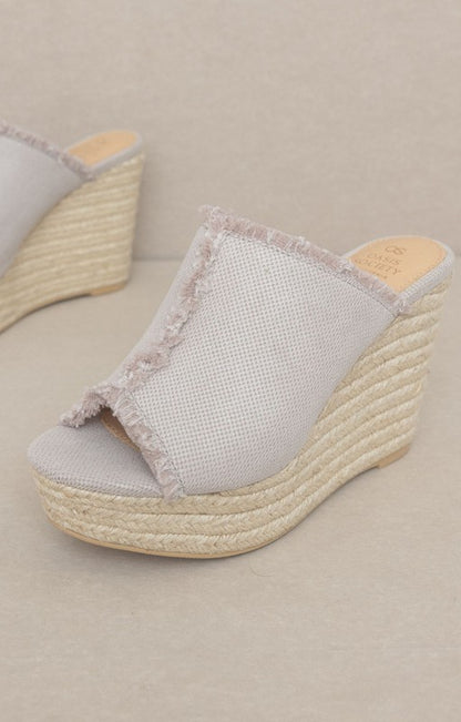 Summer Love Distressed Gray Linen Wedge Heels