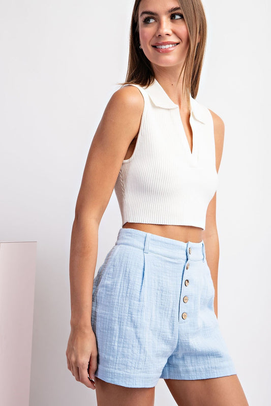 Brunch Rush Periwinkle Button Front Shorts