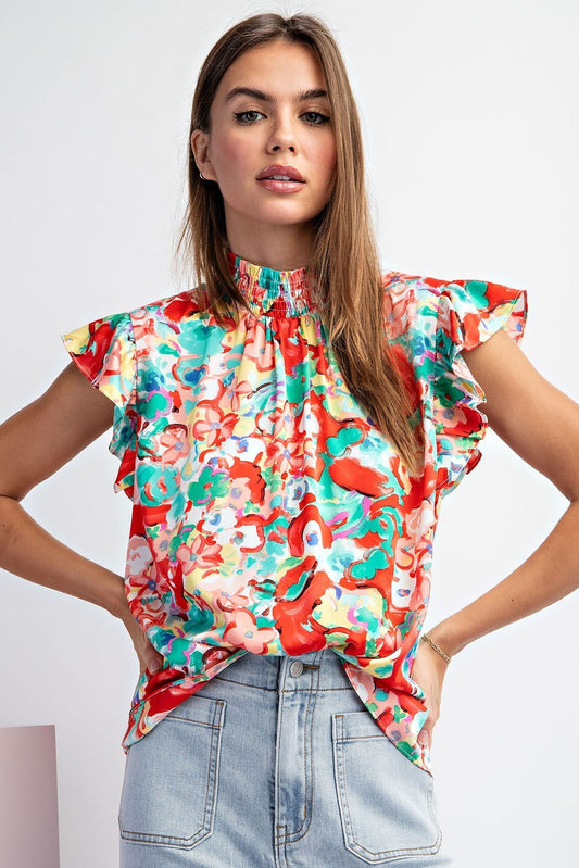 Tomato Floral Print Mock Neck Blouse