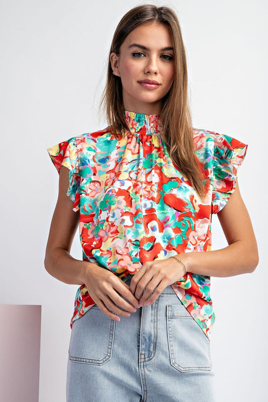 Tomato Floral Print Mock Neck Blouse